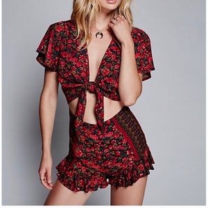 Free People Red Floral Cut Out Romper